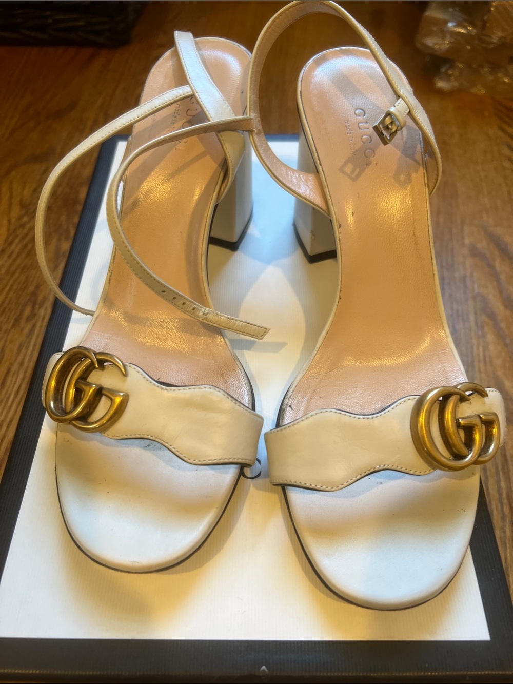 Gucci White Leather Block Heel Sandals with Gold Double G